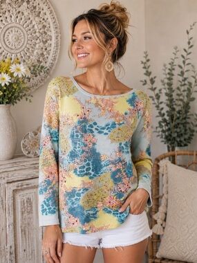 Take Two Blue Yellow Floral Beaded Sequin Cotton Top XL Boho Artwear